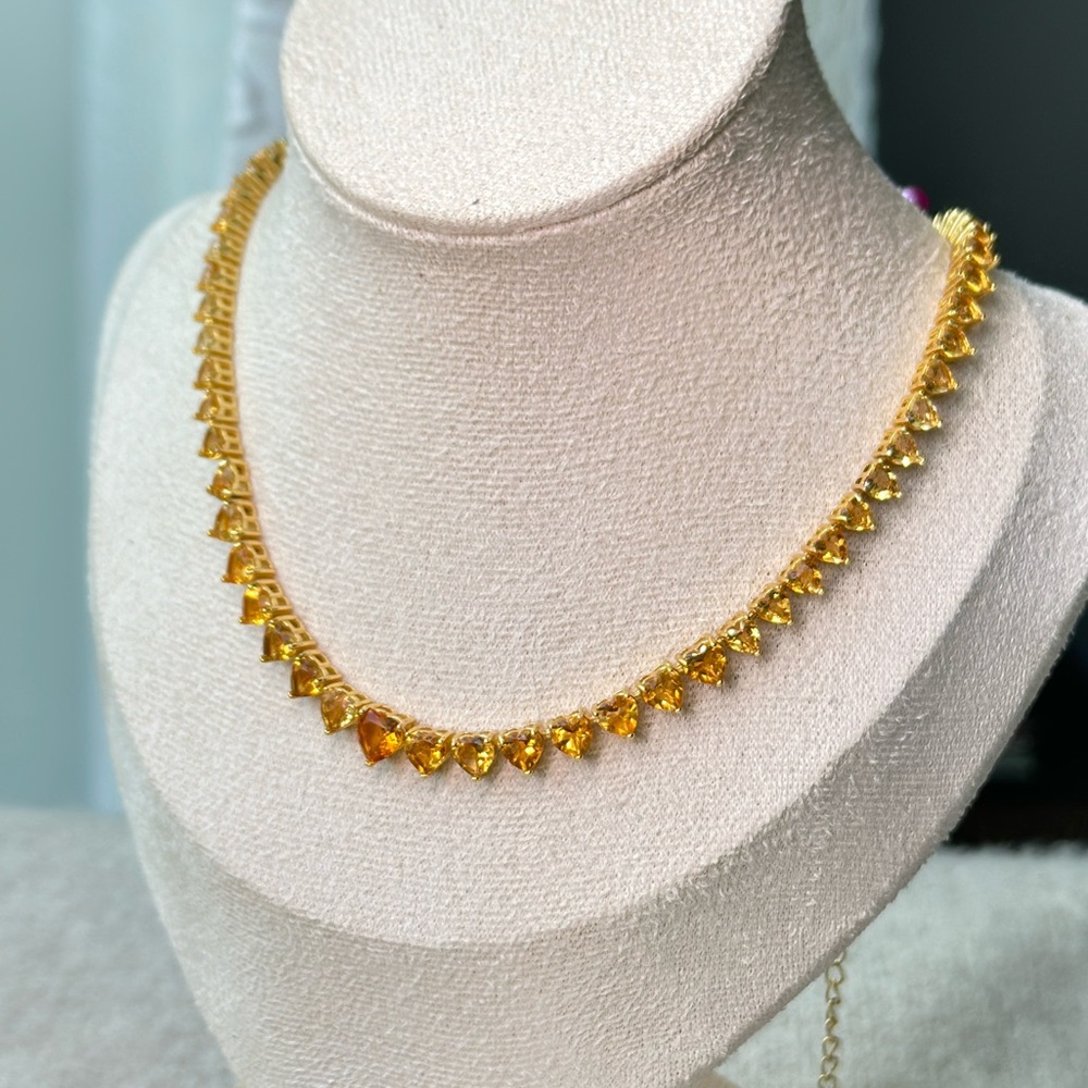 Natural citrine heart tennis necklace - 18k over sterling silver